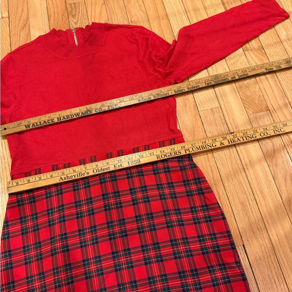 Red Plaid Long Sleeve Scottish Tartan Midi Dress Zip Back Crest Button Size 12 - Picture 5 of 7